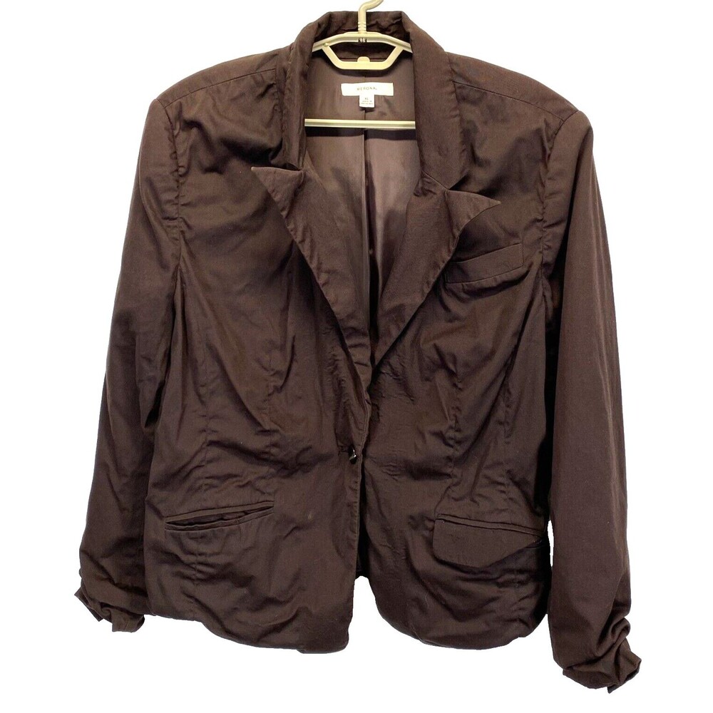 Merona Women's Blazer Jacket XL Brown Lined Long Sleeve Cotton Blend RN17730 ***